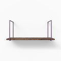 Lloyd Espresso Rustic Tiered Shelf with textured espresso wood ledge and minimalist purple metal floating shelf brackets for wall display