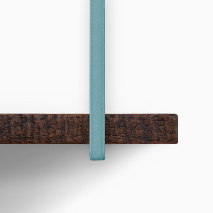 Lloyd Espresso Rustic 5 Tiered Shelf close-up showing textured espresso wood ledge and teal metal floating shelf bracket detail