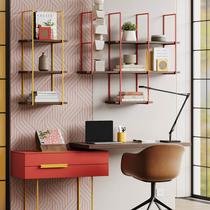 Lloyd Espresso 5 Tiered Shelf with rich wood ledges and vibrant metal floating brackets in a modern, organized workspace.