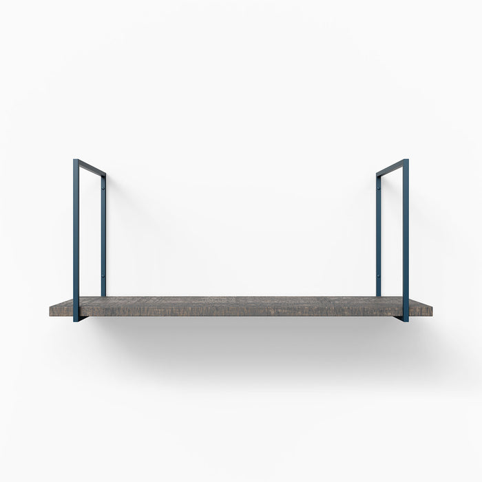 Lloyd Hatch Grey Rustic Tiered Shelf with textured wood ledge and simple grey metal floating shelf brackets for wall display