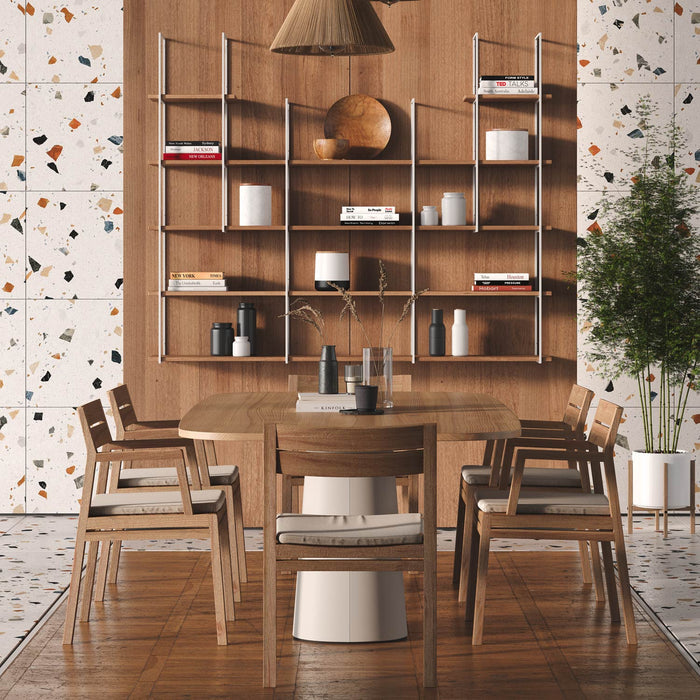 Lloyd Nutmeg 5 Tiered Shelf with warm nutmeg wood ledges and sleek metal floating brackets in modern dining room setting
