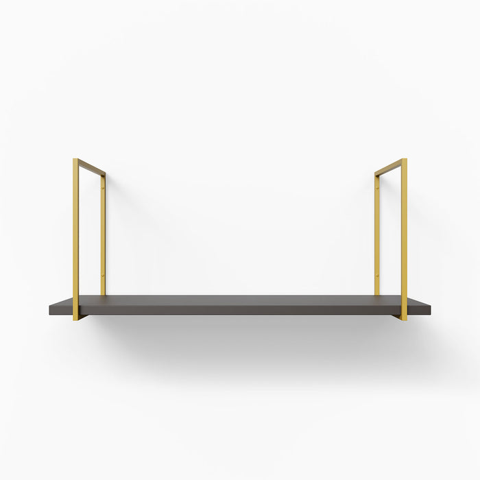 Lloyd Tungsten Tiered Shelf with dark gray ledge and gold metal floating shelf brackets for minimalist wall display