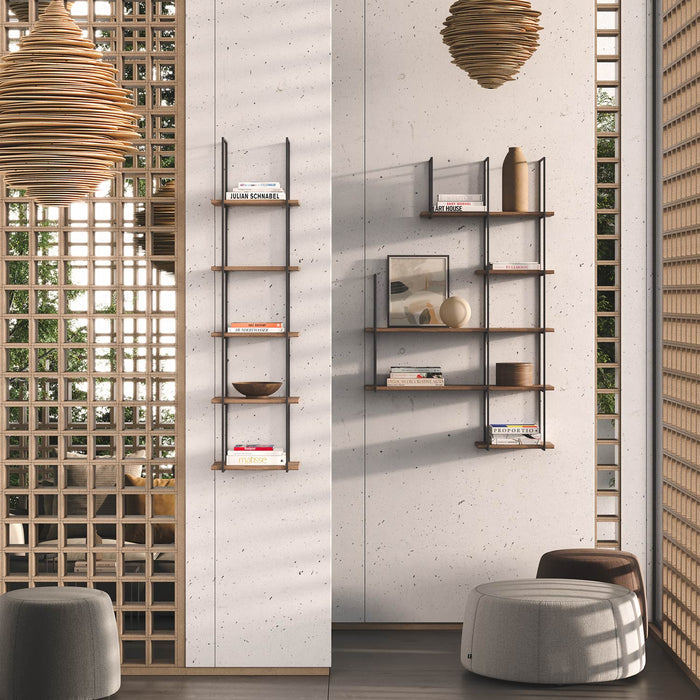 Lloyd Tungsten 5 Tiered Shelf with medium wood ledges and dark metal floating shelf brackets in modern living space