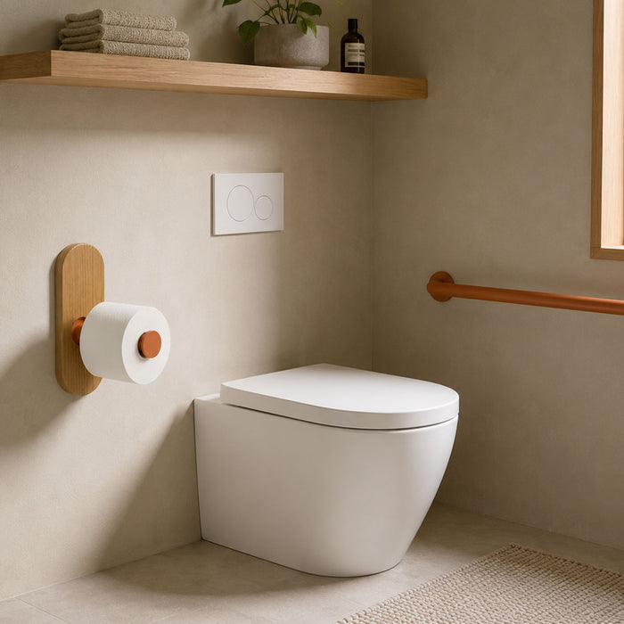 Lou Toilet Paper Holder mounted on wall in minimalist bathroom with white toilet, light wood shelf, neutral tones, and functional design elements.