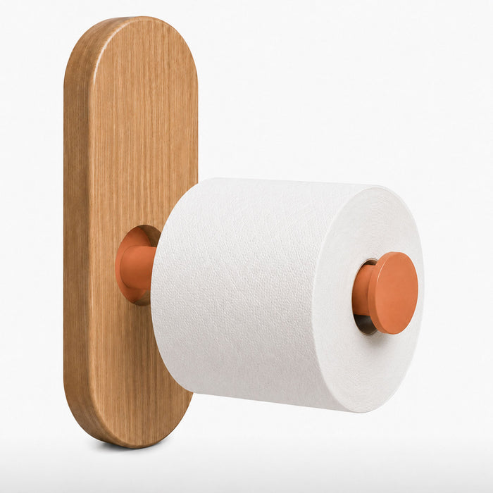 Lou Toilet Paper Holder mounted on a wall featuring a minimalist wood backplate and copper-tone metal rod ideal for modern bathroom organization.