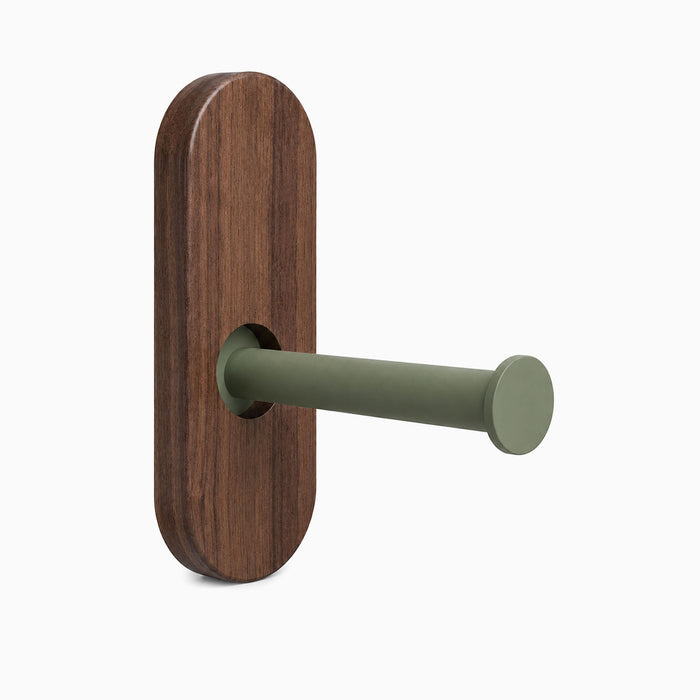Lou Toilet Paper Holder featuring a walnut wood base with an olive green arm, combining solid hardwood and metal for durable, minimalist wall organization.