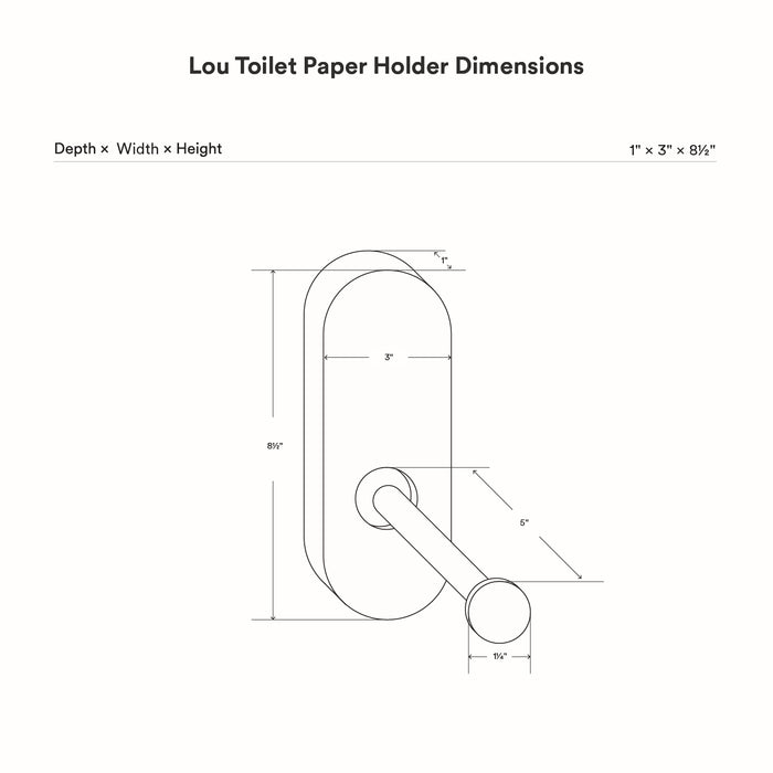 Technical line drawing showing measurements of the Lou Toilet Paper Holder with a minimalist design focused on maximizing wall space.
