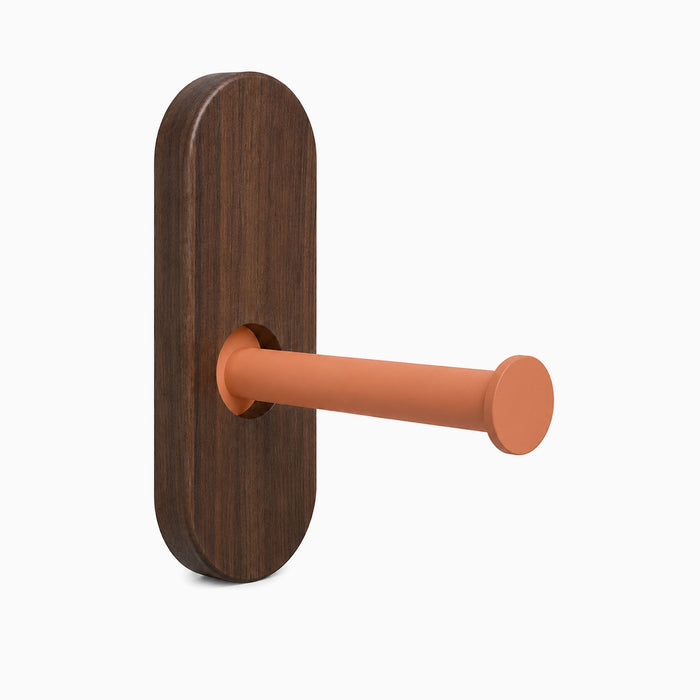 Lou Toilet Paper Holder featuring a warm walnut wood base with a smooth clay-toned metal arm, blending mixed materials for durable, stylish wall organization.