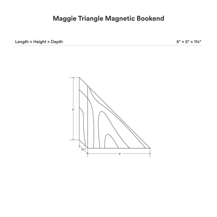 dimensional drawing of a Maggietriangle product 5 inches by 5 inches by 1 3/4 inches described.