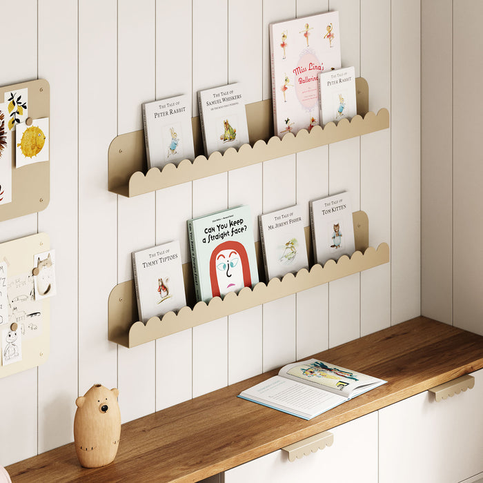 Mini Bubble Picture Ledge in muted beige steel with compact pattern for elegant wall display and organizing books or small items