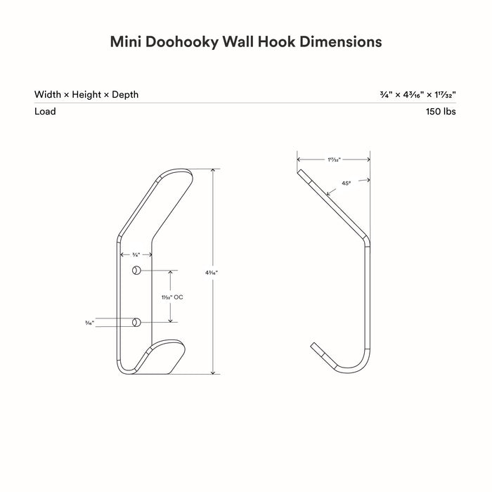 Mini Doohooky Wall Hook technical drawing showing compact dimensions and mounting hole placement for wall hooks and hangers by Shelfology
