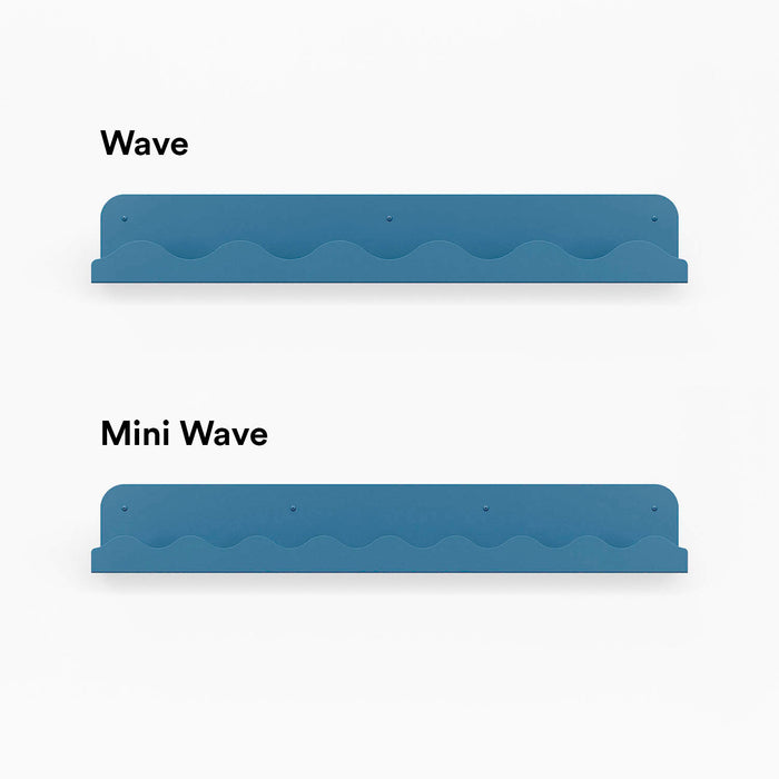 Mini Wave Picture Ledge in muted blue steel with compact wave pattern for sleek floating shelf and wall display organization
