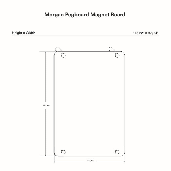 Technical line drawing of the Morgan Magnet Board showing dimensions for height and width with corner mounting holes for wall installation.