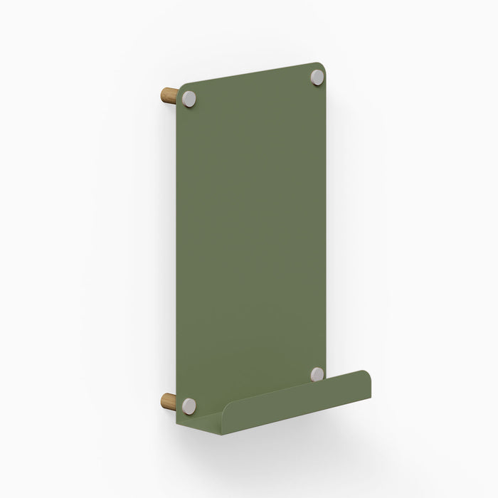Morgan Magnet Ledge Board in matte olive green with wood and steel accents, designed for functional wall display and organization.