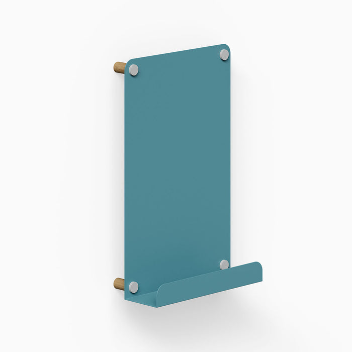 Morgan Magnet Ledge Board in steely blue with wood accents, featuring a compact design ideal for organizing and displaying items on a wall.