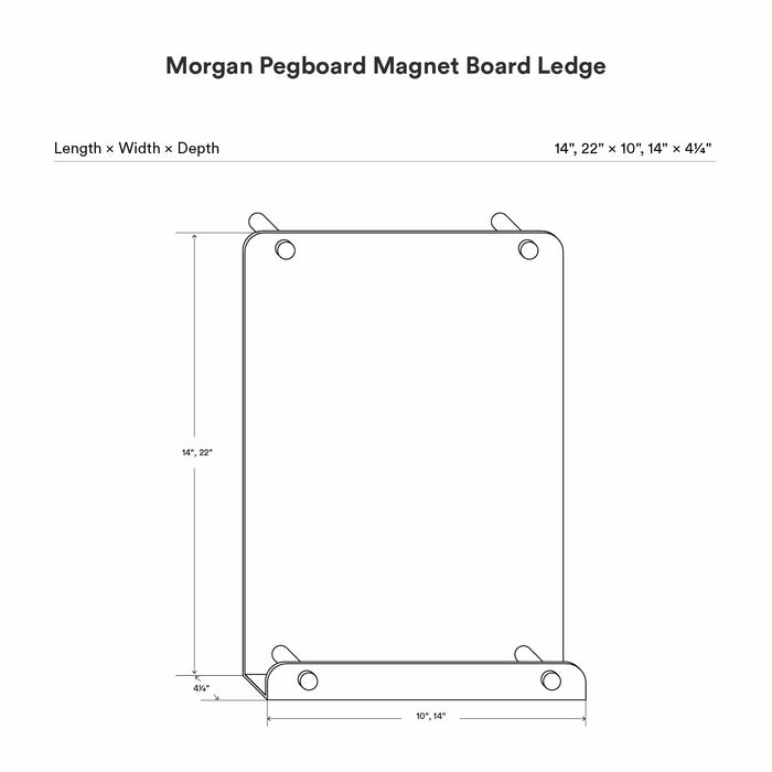 Technical line drawing showing dimensions of the Morgan Magnet Ledge Board, illustrating length, width, and depth for functional wall organization.
