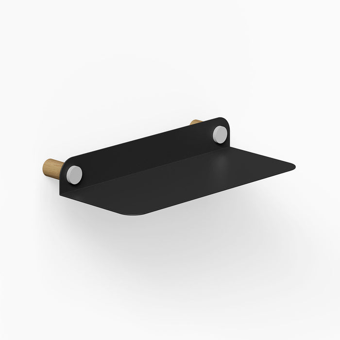 Morgan Basic Shelf in black metal with wood accents, a minimalist wall shelf designed by Shelfology for stylish, functional display and organization.