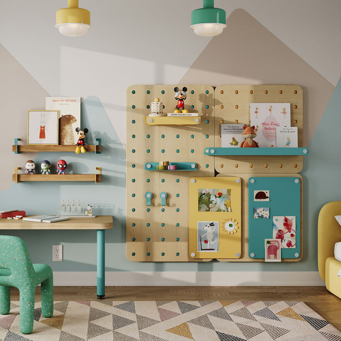 Morgan Magnetic Pegboard Basic Shelf installed in a kids’ room featuring colorful pegs, hooks, and shelves organizing toys and books with durable wood and steel materials.
