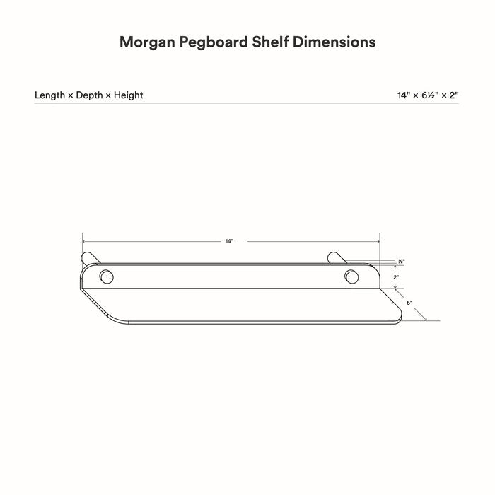 Morgan Magnetic Pegboard Basic Shelf technical drawing showing its slim shelf profile and mounting holes