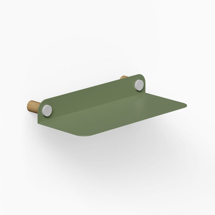 Morgan Basic Shelf in olive green with minimalist metal design and wooden supports, ideal for functional wall organization and stylish display.