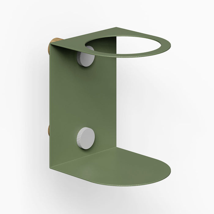 Minimalist Morgan Pegboard Cup Holder in matte olive green metal with adjustable knobs, designed for efficient wall pegboard organization.