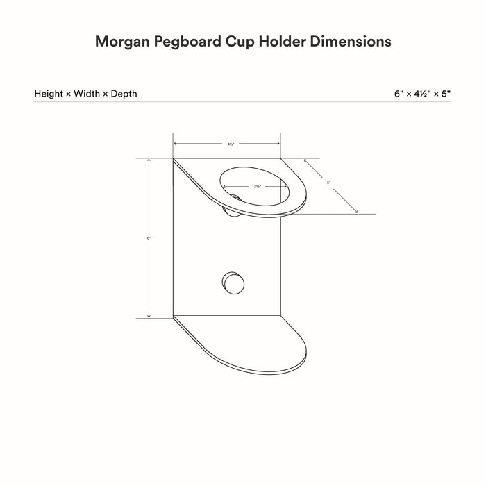 Technical line drawing showing dimensions of the Morgan Magnetic Pegboard Cup Holder with height, width, and depth measurements in minimalist style.