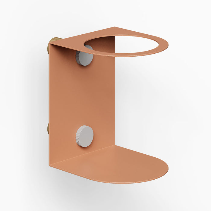 Morgan Pegboard Cup Holder in clay color with a minimalist design, durable metal construction, and mounting hardware for wall organization.