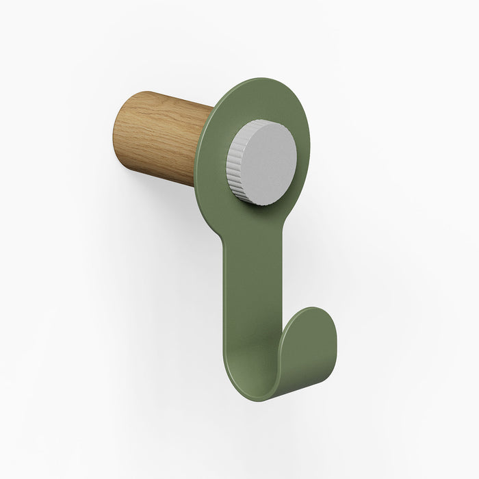 Morgan Pegboard Hook in muted green with light wooden peg and white knob, designed for functional wall organization in minimalist spaces