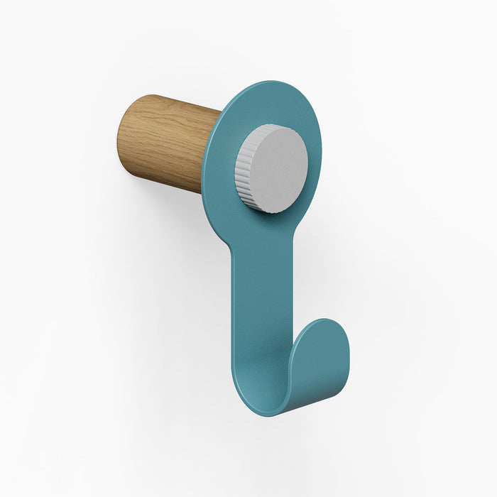 Morgan Pegboard Hook in muted blue steel with a natural wood backing and adjustable metal knob, designed for durable, stylish wall organization.