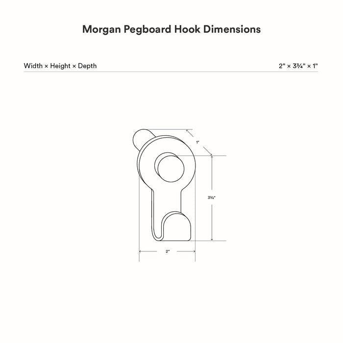 Technical line drawing showing dimensions of the Morgan Pegboard Hook, highlighting its compact minimalist design ideal for wall hooks and organization.