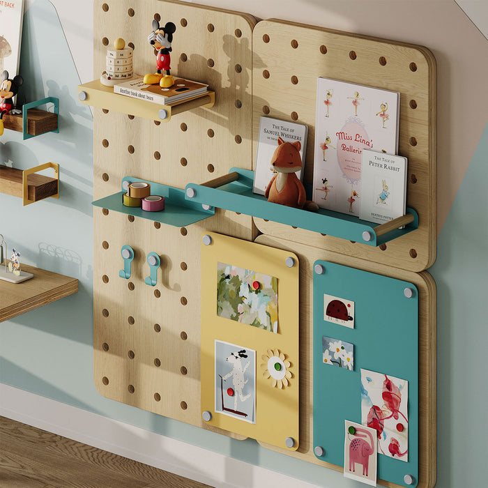 Morgan Magnet Board wall-mounted organizer with pastel wood panels, floating shelves, hooks, and magnetic display for kids’ room decor and storage.