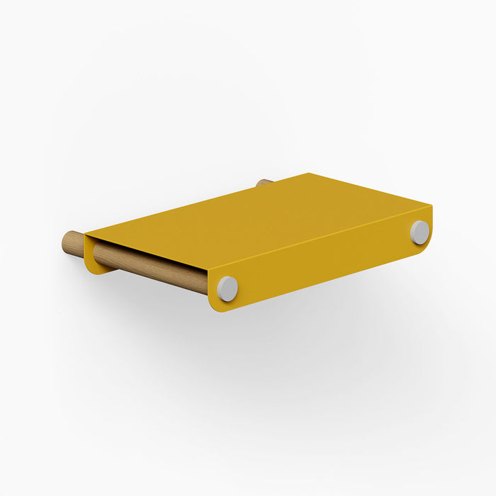 Morgan Tray Shelf in honey mustard with wood and steel materials, designed for durable, minimalist wall display and organization.