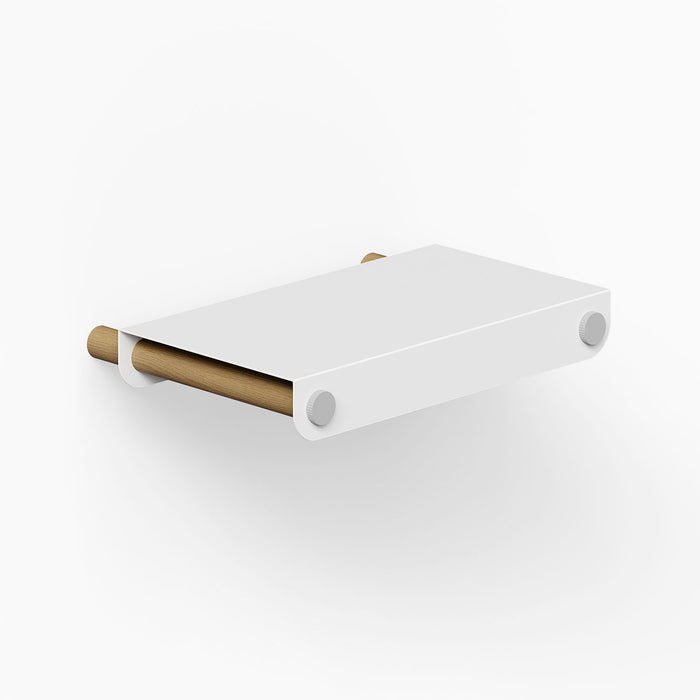 Morgan Tray Shelf with minimalist white metal surface and natural wood rod, designed for functional wall organization and stylish display.