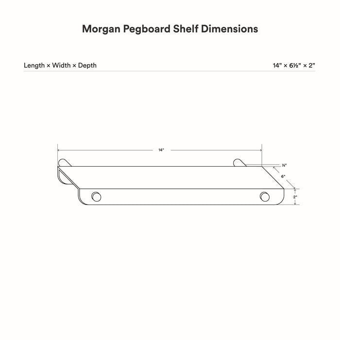Morgan Magnetic Pegboard Tray Shelf technical drawing showing shelf profile and mounting hole placement