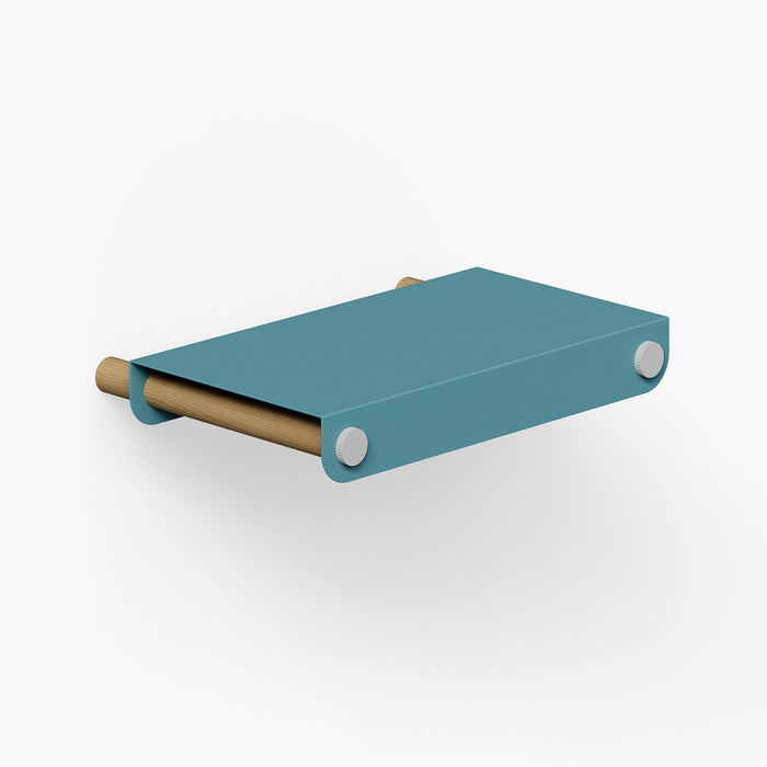 Morgan Tray Shelf in steely blue metal with natural wood rod, combining minimalist design and durable materials for stylish wall display and organization.