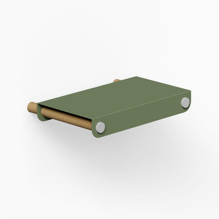 Morgan Tray Shelf in muted green with wood and metal mixed materials, designed for functional and stylish wall display and organization.