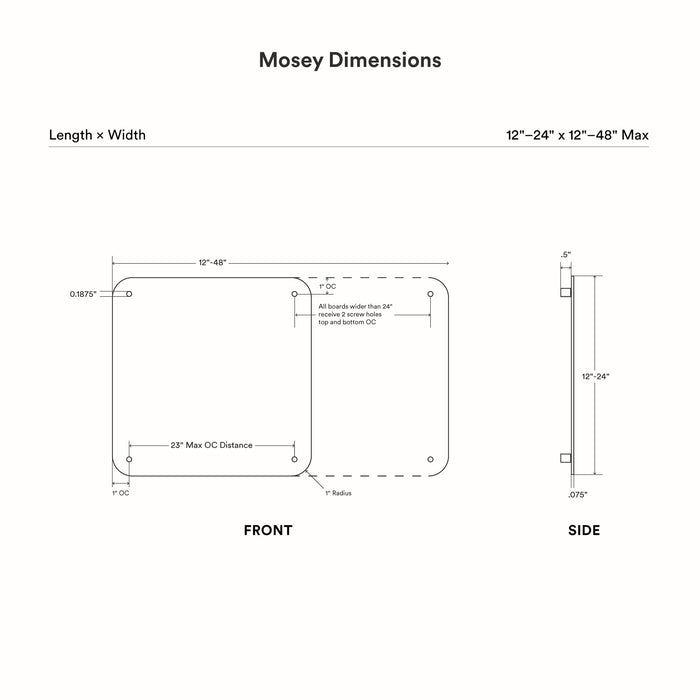 Mosey Dry Erase Board technical drawing showing adjustable size, mounting hole placement, and slim profile design.