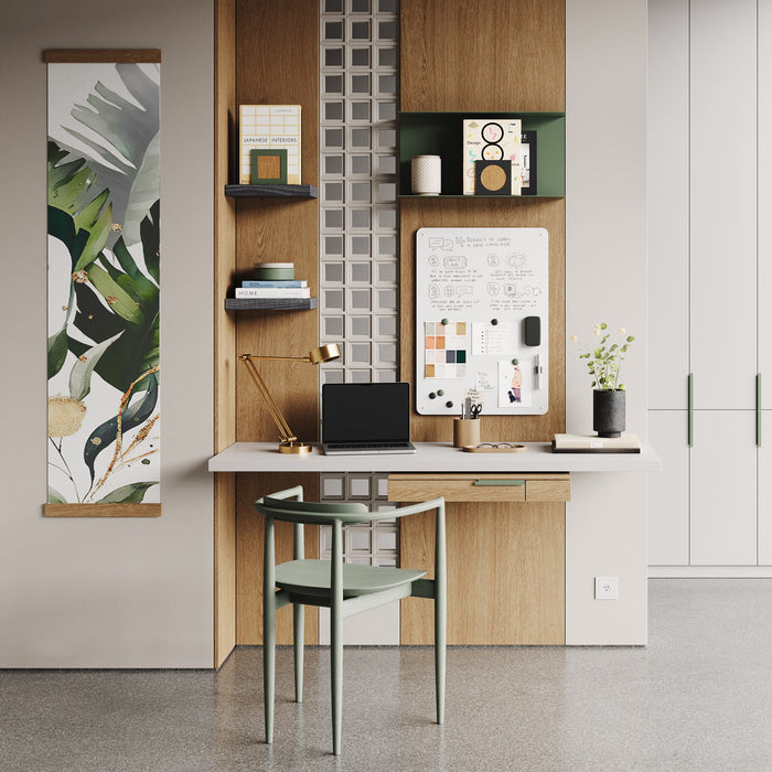 Mosey Dry Erase Board mounted on wood wall panel in modern home office with laptop, minimalist desk, and green chair
