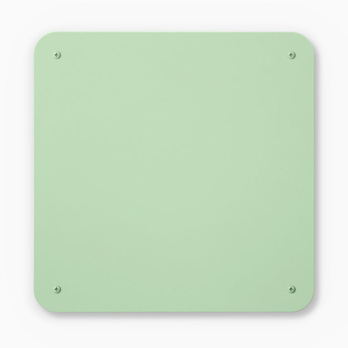 Mosey Magnet Board in soft green steel with rounded corners and four screws for secure wall mounting by Shelfology