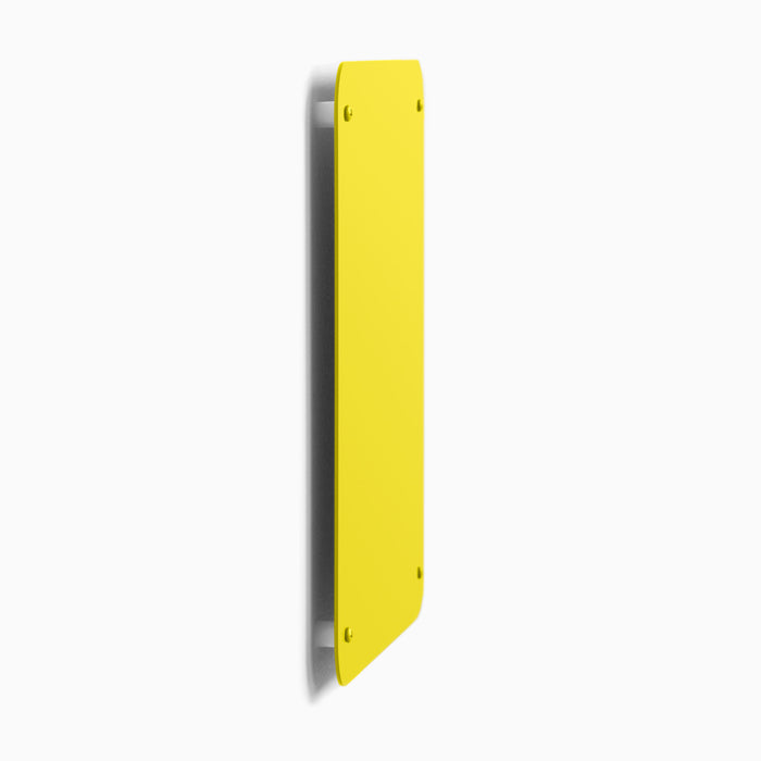 Mosey Magnet Board in bright yellow steel shown from side with slim profile and rounded corners by Shelfology