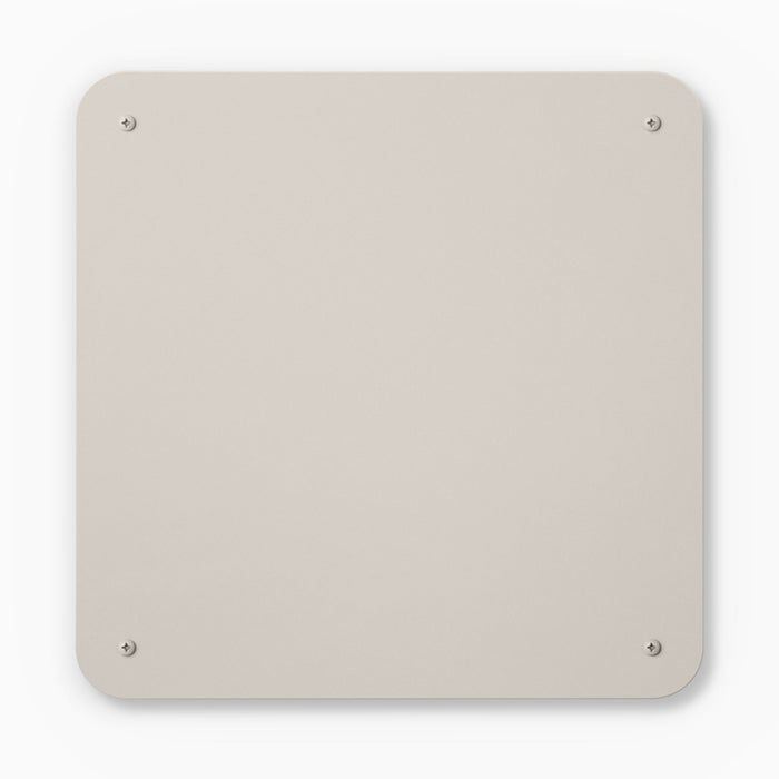 Mosey Magnet Board in discreet light gray steel with rounded corners and four screws for secure wall mounting by Shelfology