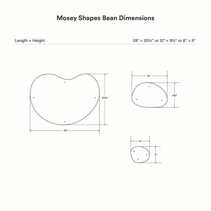 Mosey Shapes Bean Magnet Board size diagrams showing large, medium, and small bean-shaped wall organization panels