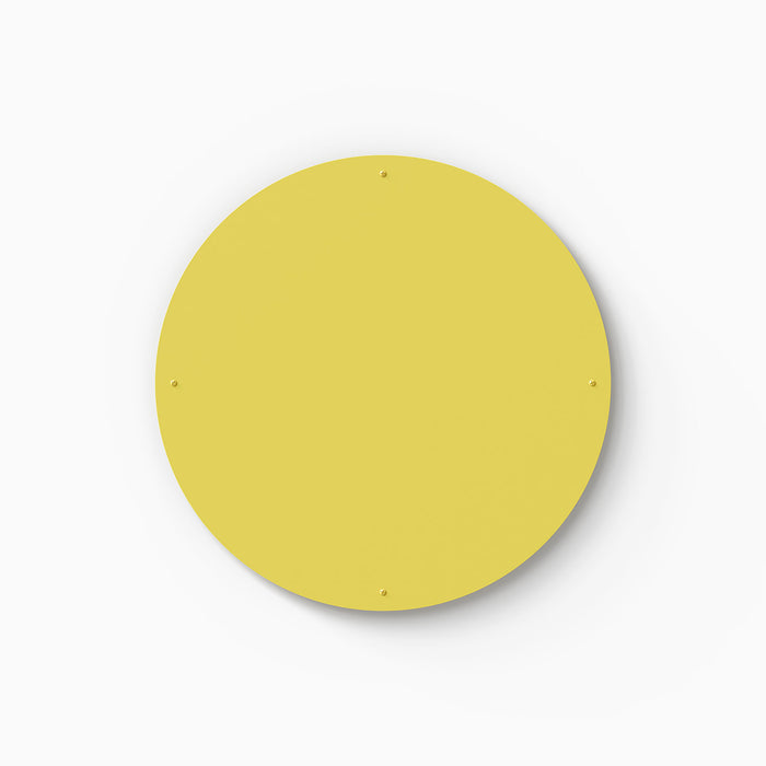 Mosey Shapes Circle Magnet Board in muted yellow with rust-resistant steel surface and mounted wall display