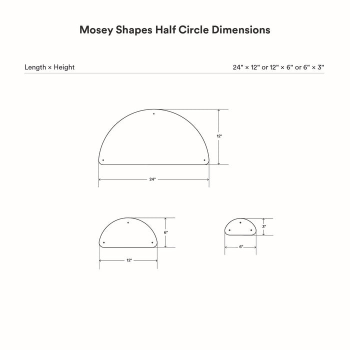 Mosey Shapes Half-Circle Magnet Board with clear dimension diagram showing three size options for wall display organization