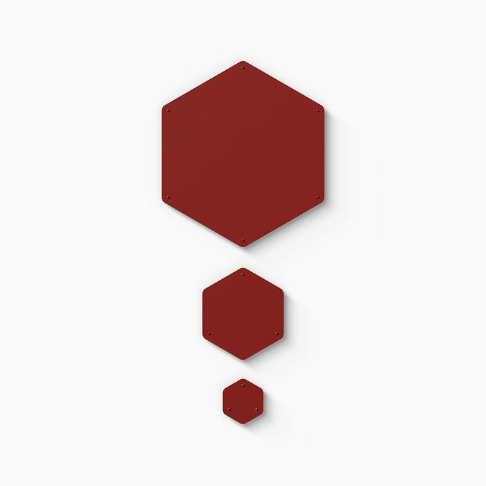 Mosey Shapes Hexagon Magnet Board in deep red steel with three sizes for versatile wall display and organization