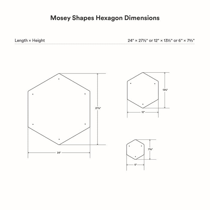 Mosey Shapes Hexagon Magnet Board with detailed dimensions for three sizes ideal for versatile wall display and organization
