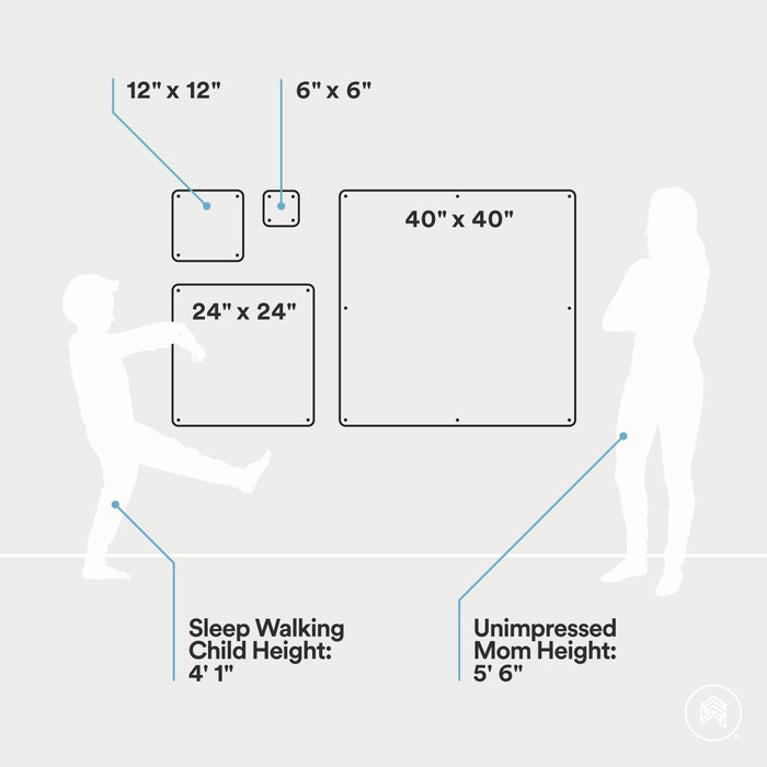 Mosey Shapes Square Magnet Board shown in four sizes with child and adult height comparison for wall display planning