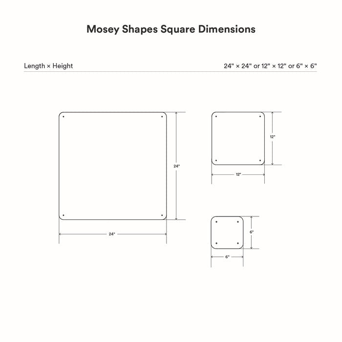 Mosey Shapes Square Magnet Board with three size options and detailed dimensions for flexible wall organization and display