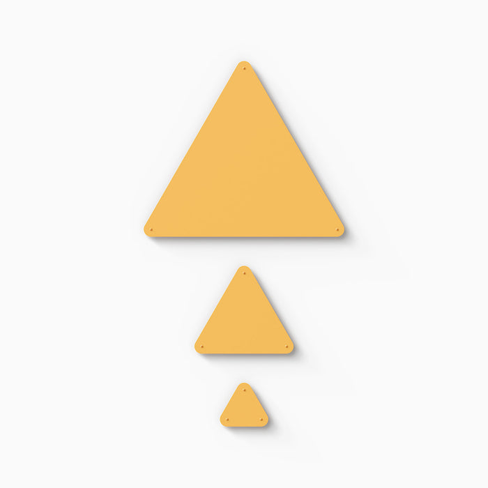 Mosey Shapes Triangle Magnet Board in warm yellow steel with three sizes for adaptable wall organization and display