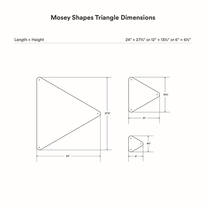 Mosey Shapes Triangle Magnet Board with three size options detailed for adaptable wall display and organization solutions